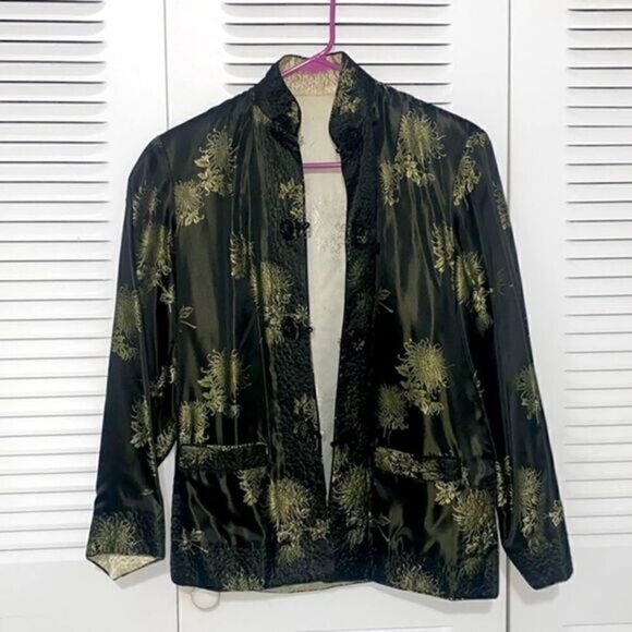Vintage Chinese Japanese Oriental Asian Kimono Jacket Black Gold M - Picture 1 of 3